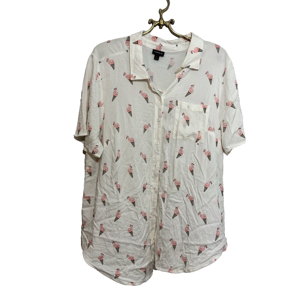 Torrid Harper Button Front White Top Pink‎ Flamingo Blouse Roll Tab Sleeve 2XL